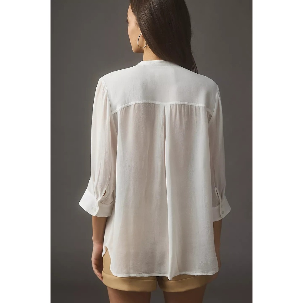 New Maeve Anthropologie Lightweight Ruffle Front Mao Shirt Sheer Button White XS - Picture 13 of 16